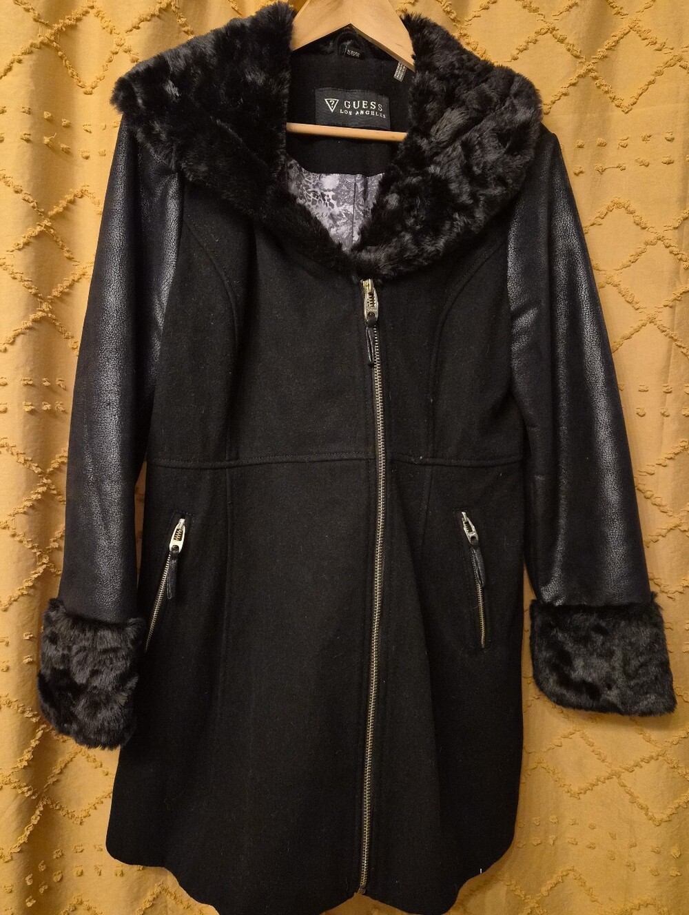 GUESS Black Faux Fur-Trim Collar And Cuffed Winter Coat